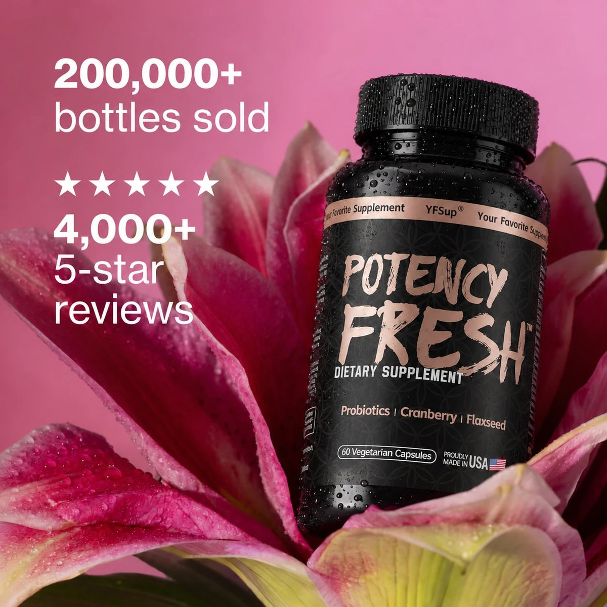 Potency Fresh in a pink lily with bottles sold and five-star review counts