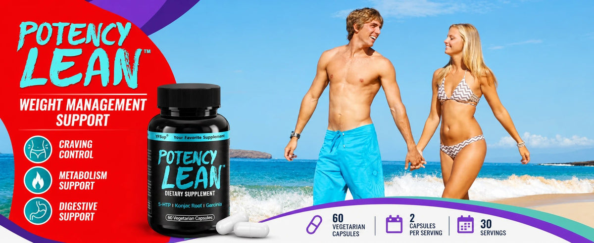 A couple walking on the beach next to a bottle of Potency Lean
