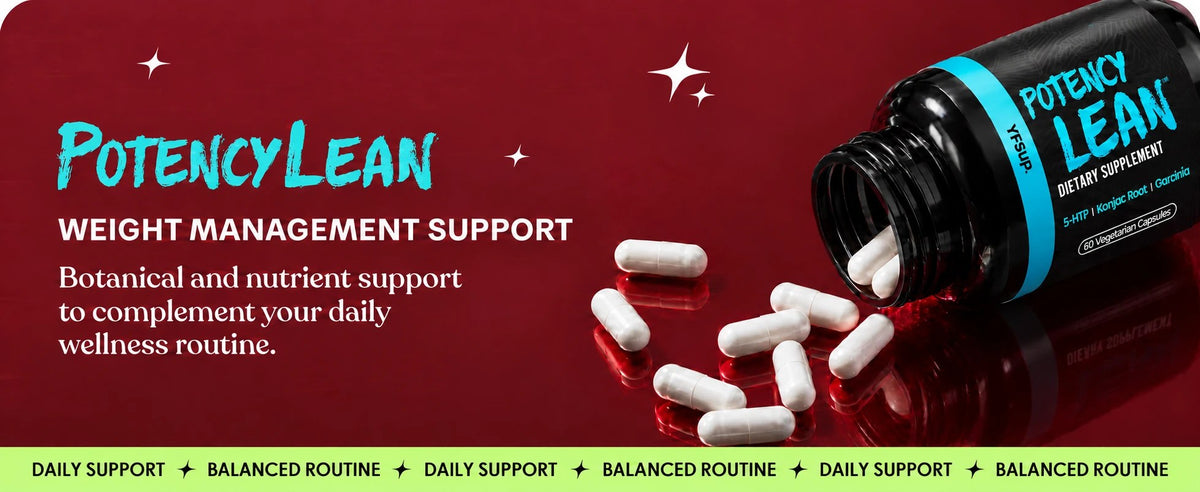 Potency Lean capsules spilling from an open bottle