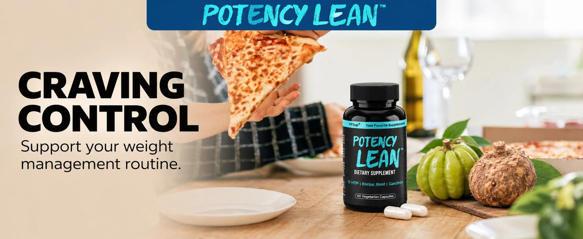 A hand reaching for pizza next to a bottle of Potency Lean