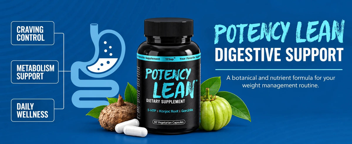 Potency Lean on a blue background with a digestive system illustration