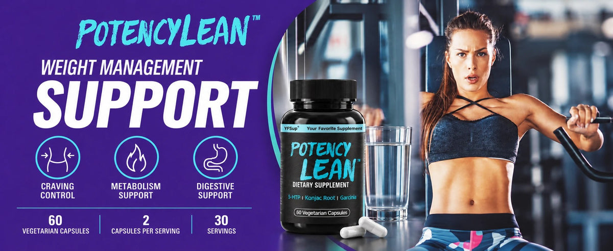 A woman training at the gym next to a bottle of Potency Lean and a glass of water