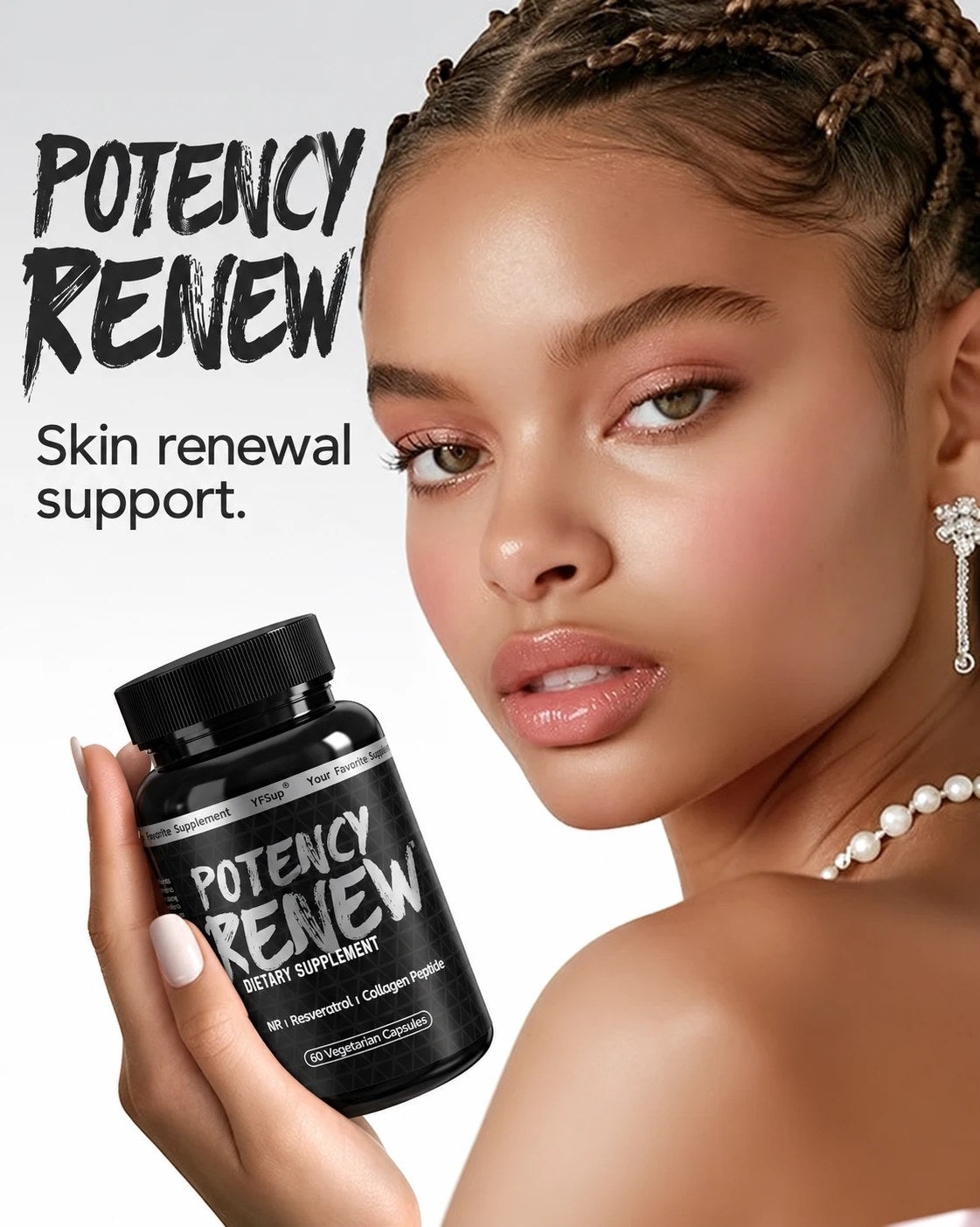 A young woman holding a bottle of Potency Renew next to her face