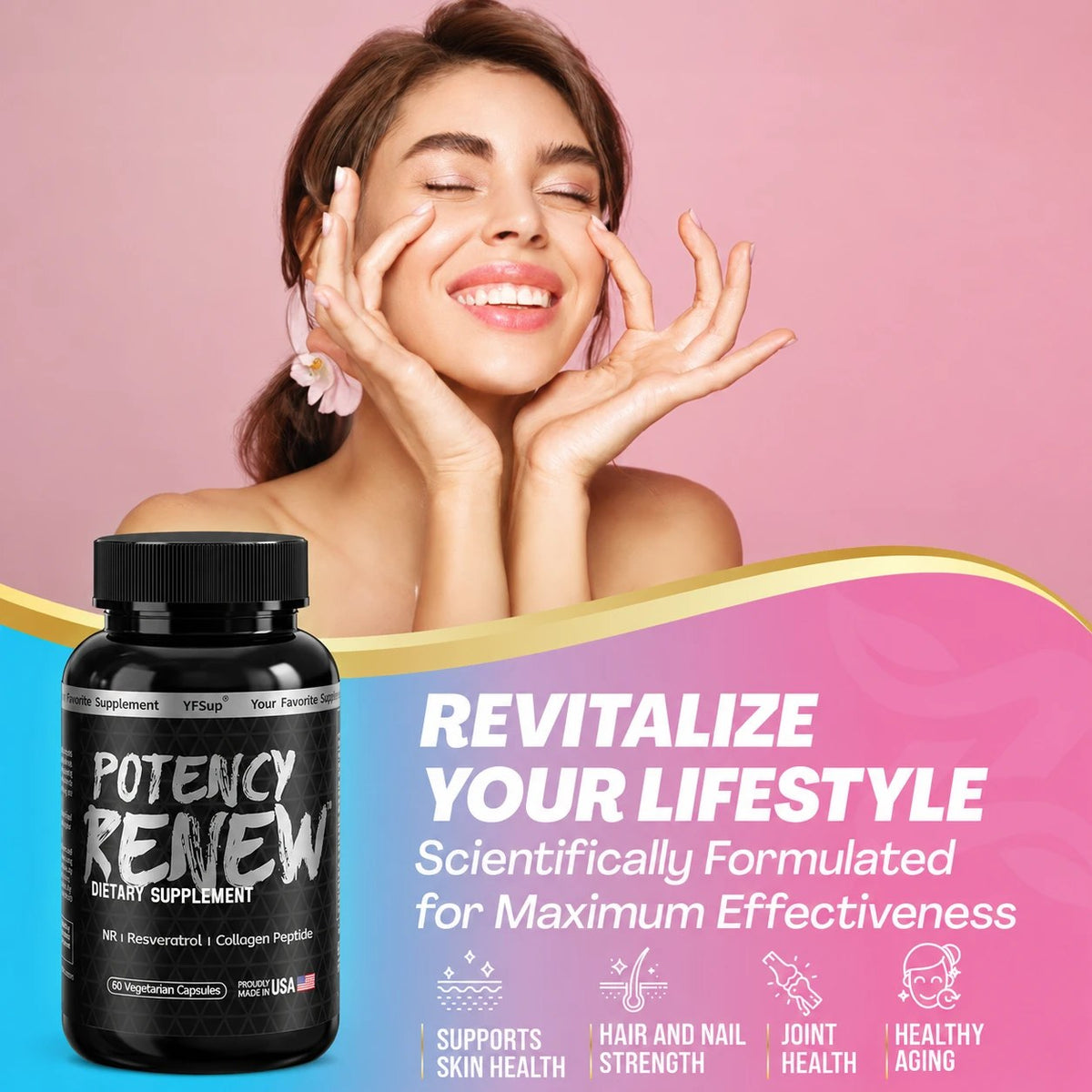 A smiling woman with glowing skin above a bottle of Potency Renew