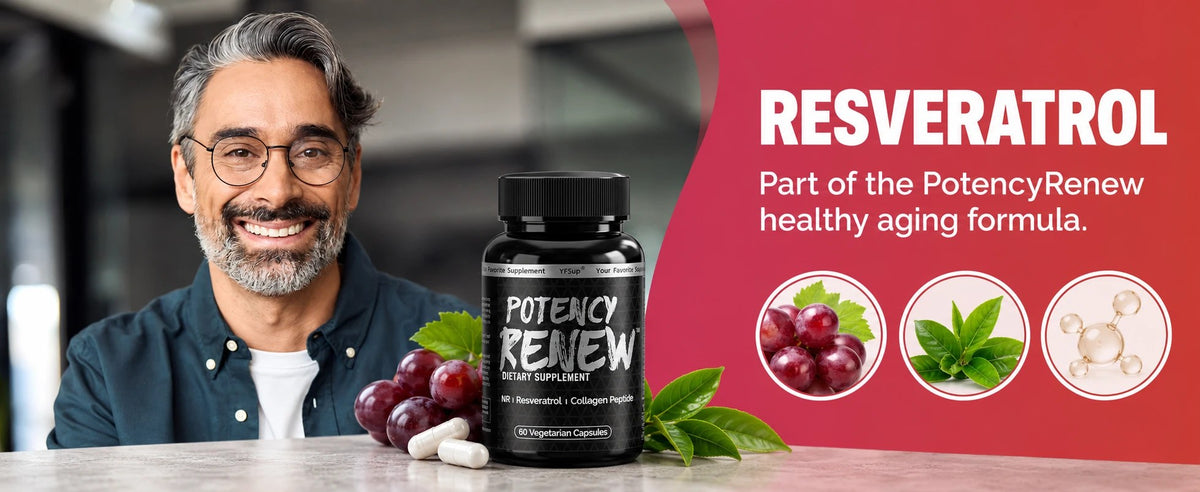 A smiling man beside Potency Renew, red grapes and green tea leaves
