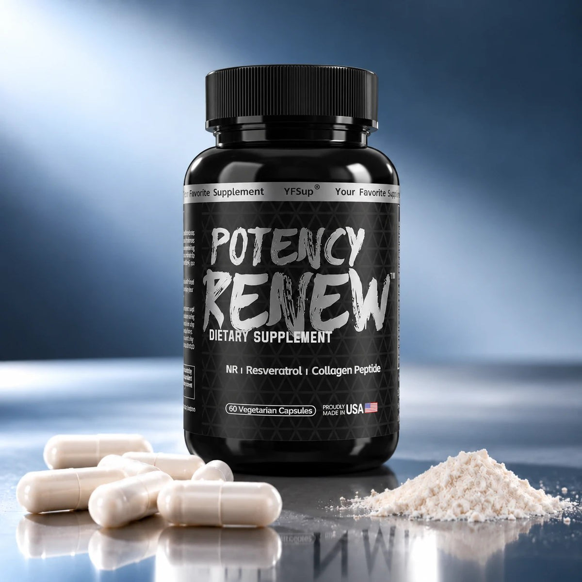 Potency Renew with white capsules and powder on a reflective surface