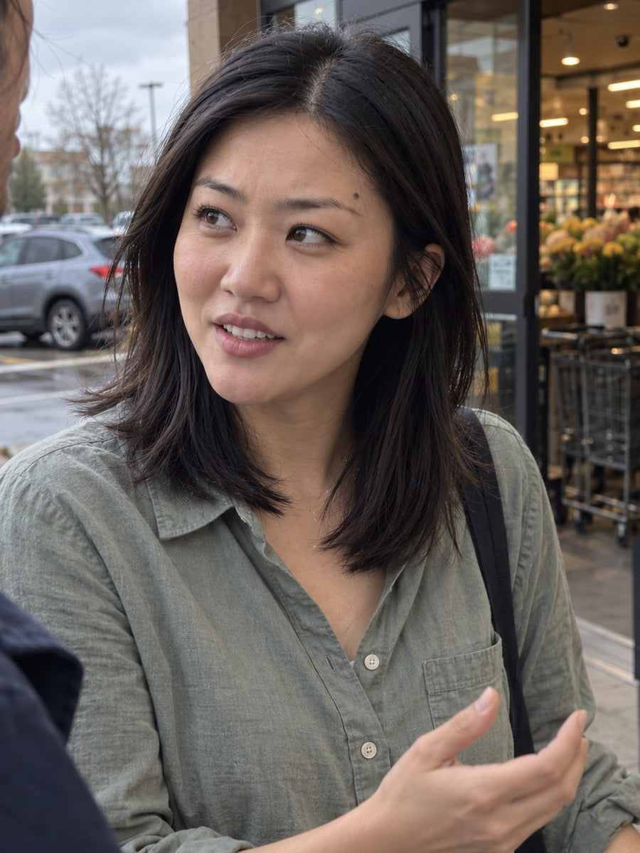 The same woman chatting confidently outside a store
