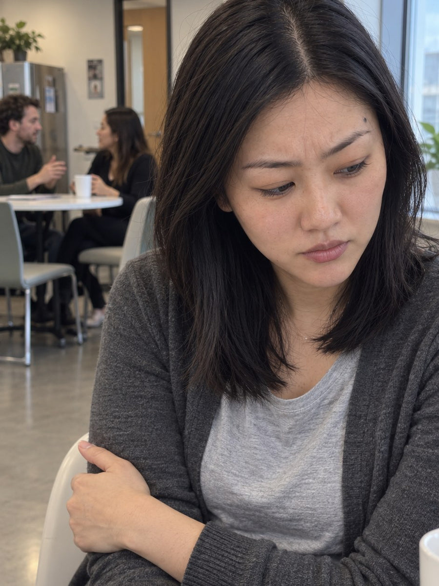 Woman sitting alone in a café, arms crossed, looking uneasy