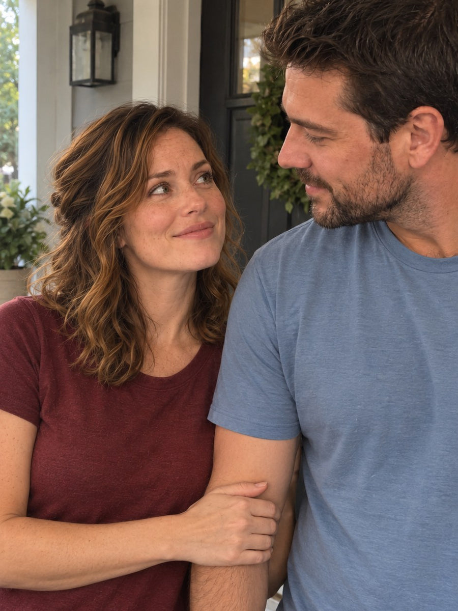 The same couple standing close and smiling