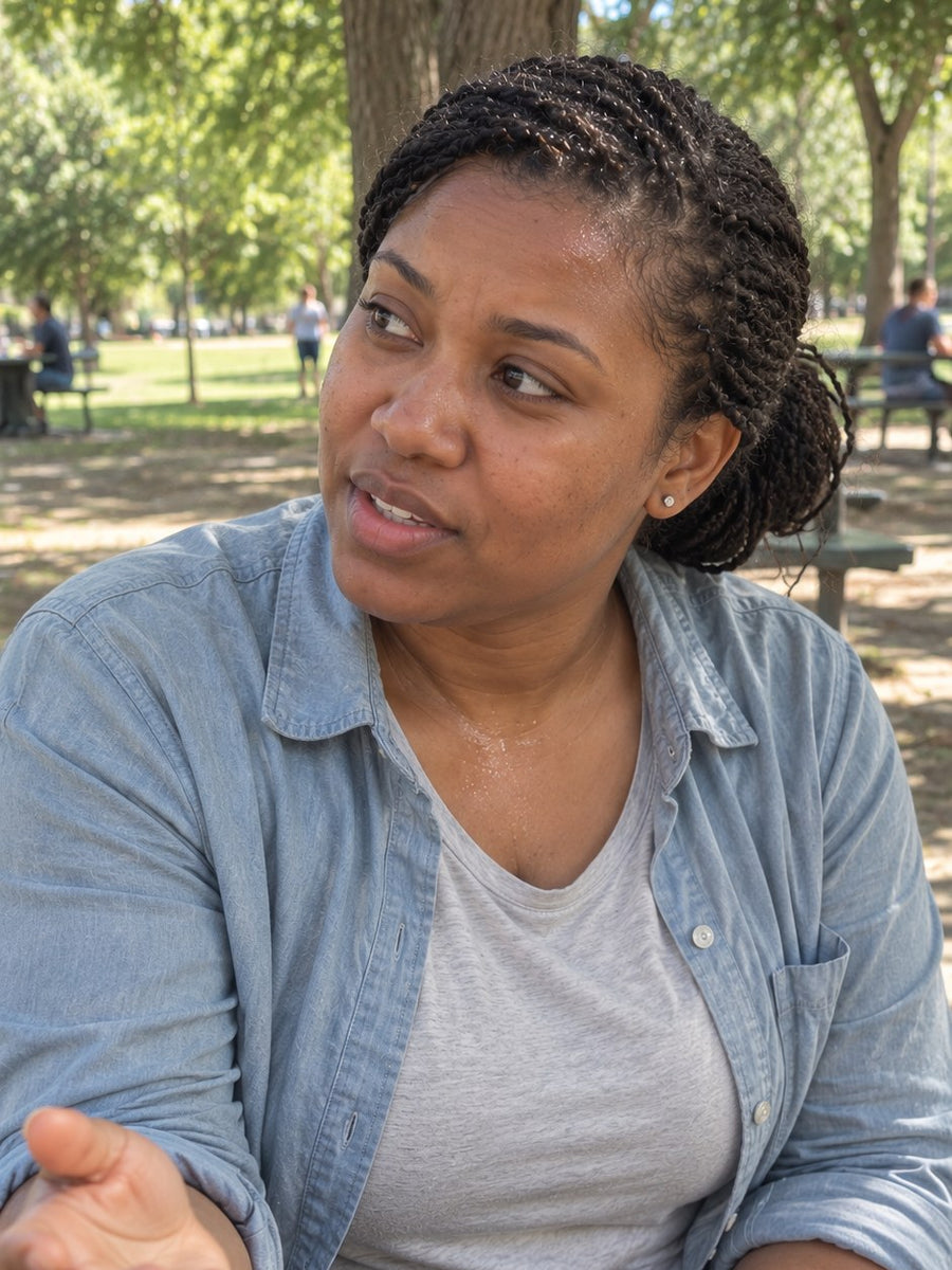 The same woman talking with a friend in a sunny park