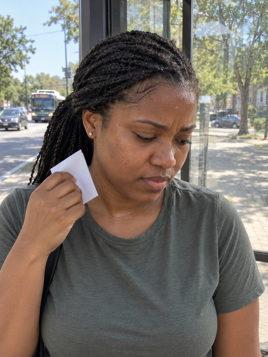 Woman at a bus stop on a hot day, dabbing her face with a tissue