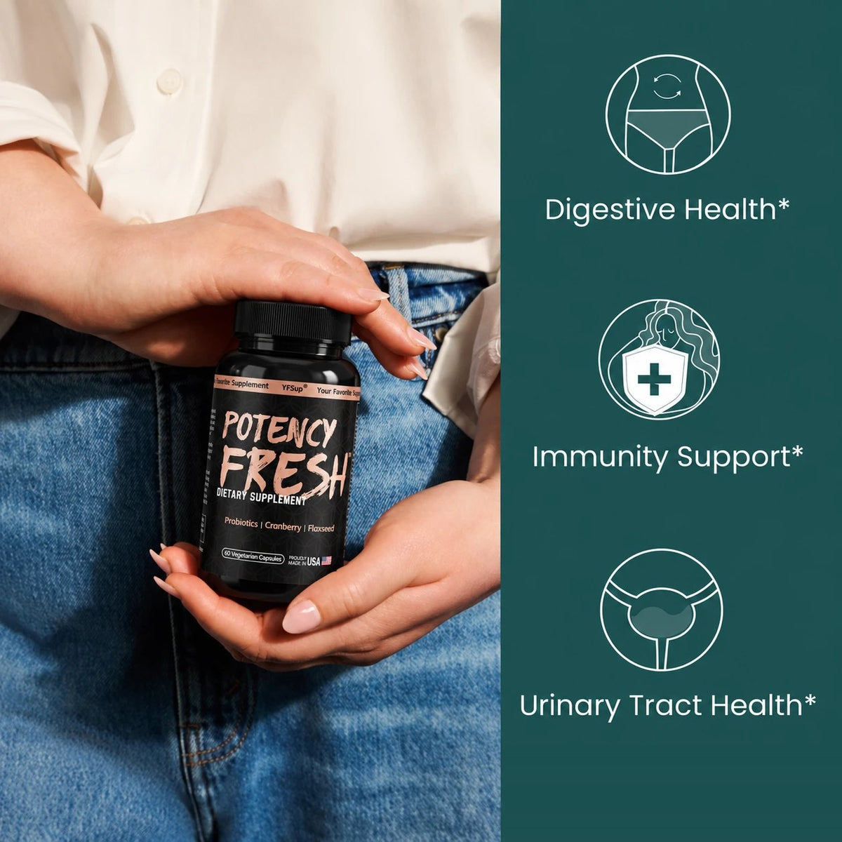 Hands holding Potency Fresh beside digestive, immunity and urinary tract icons