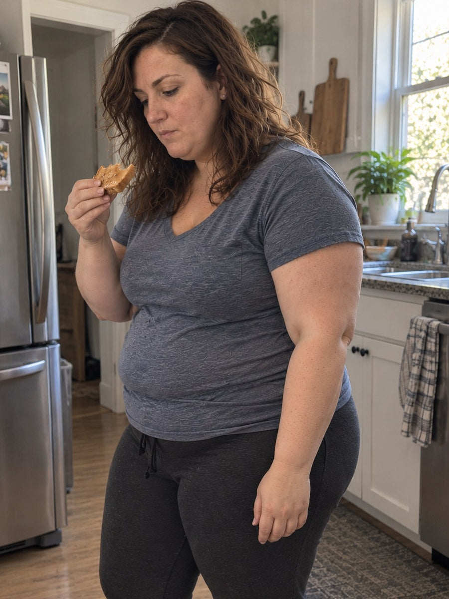 Woman snacking on toast in her kitchen mid-morning