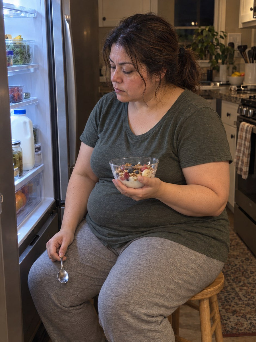 Woman eating a bowl of cereal at the open fridge late at night