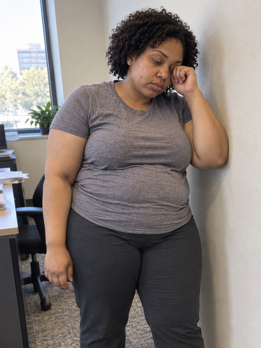 Woman leaning against an office wall, exhausted in the afternoon