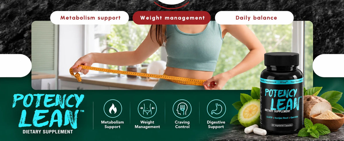 A woman measuring her waist beside Potency Lean and its botanicals