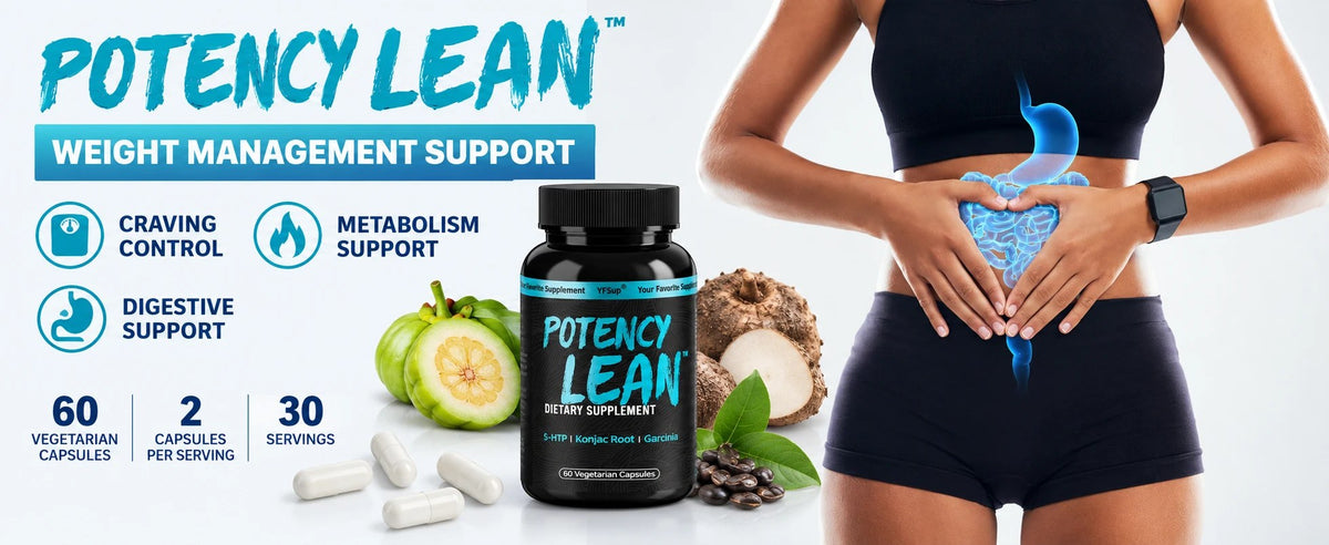 A woman with her hands on her stomach next to Potency Lean, konjac root and Garcinia