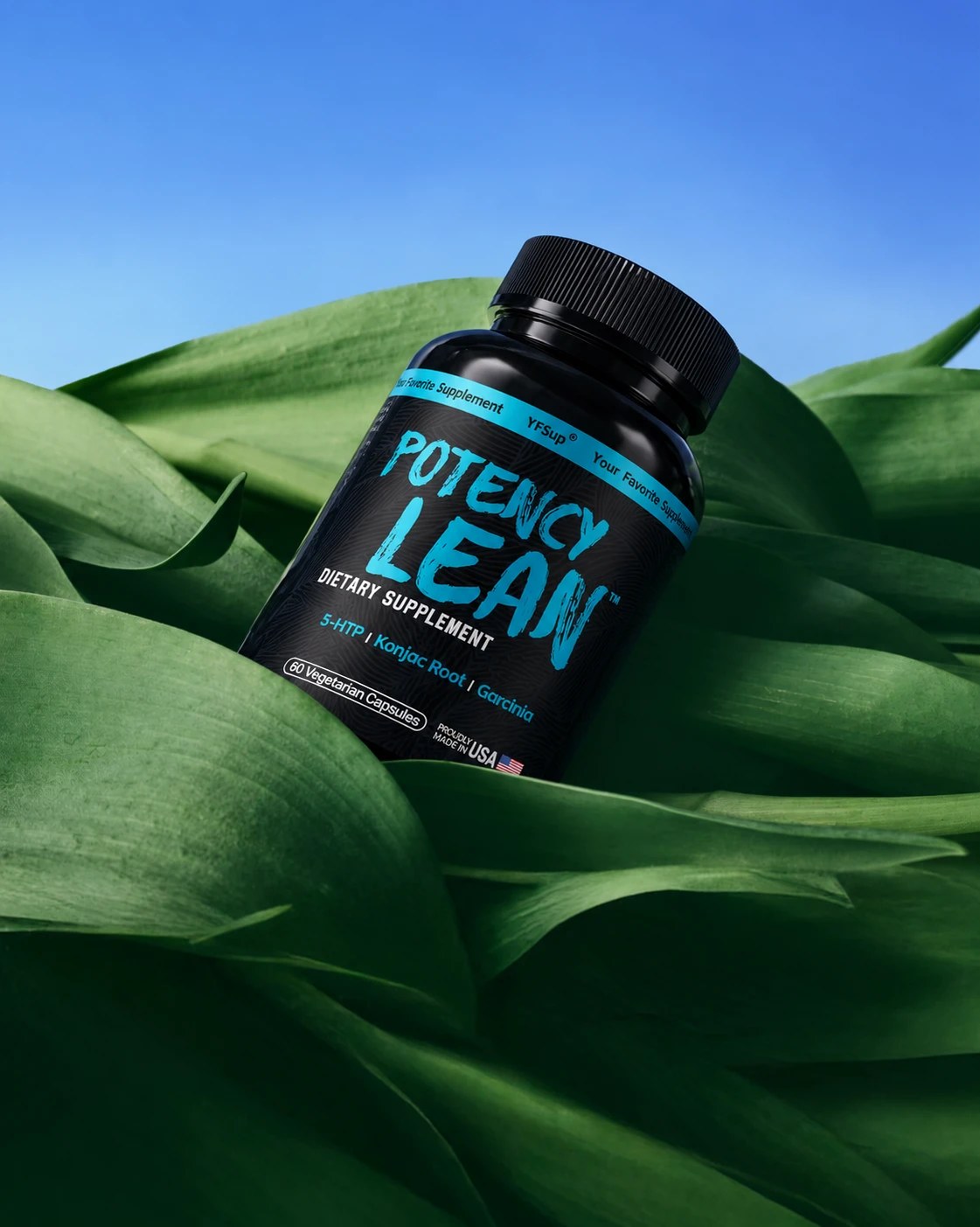 Potency Lean bottle resting in green leaves
