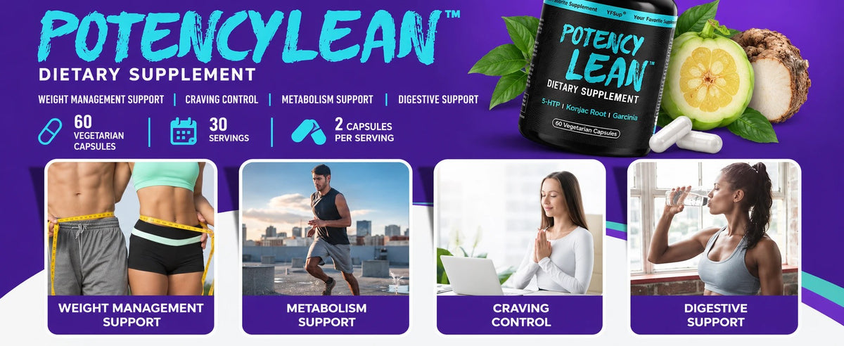 Potency Lean with four everyday scenes: a waist measurement, a run, a desk lunch and a glass of water
