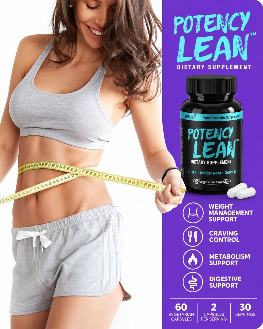 A smiling woman measuring her waist next to a bottle of Potency Lean
