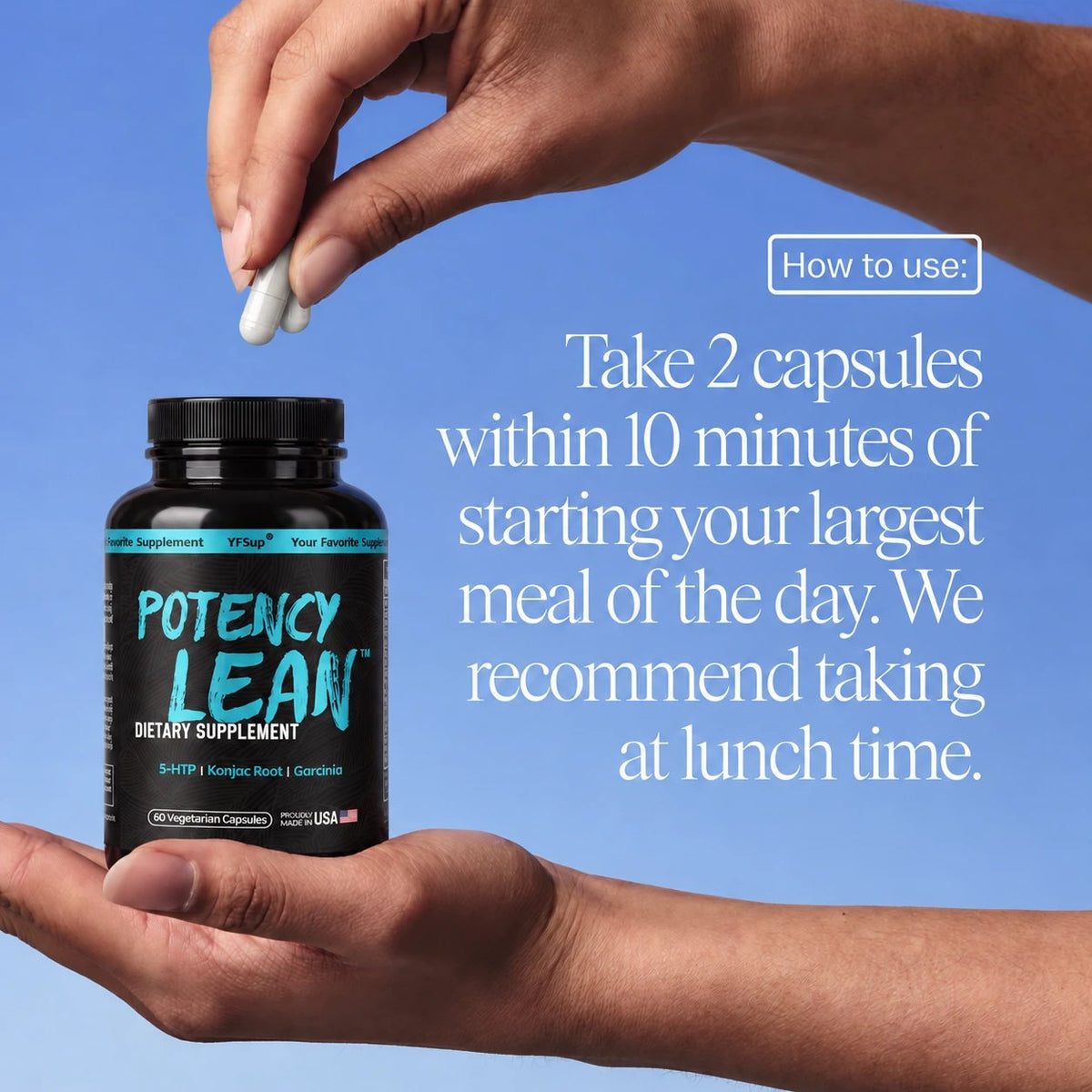 Two Lean capsules dropped onto a bottle of Potency Lean held in an open hand