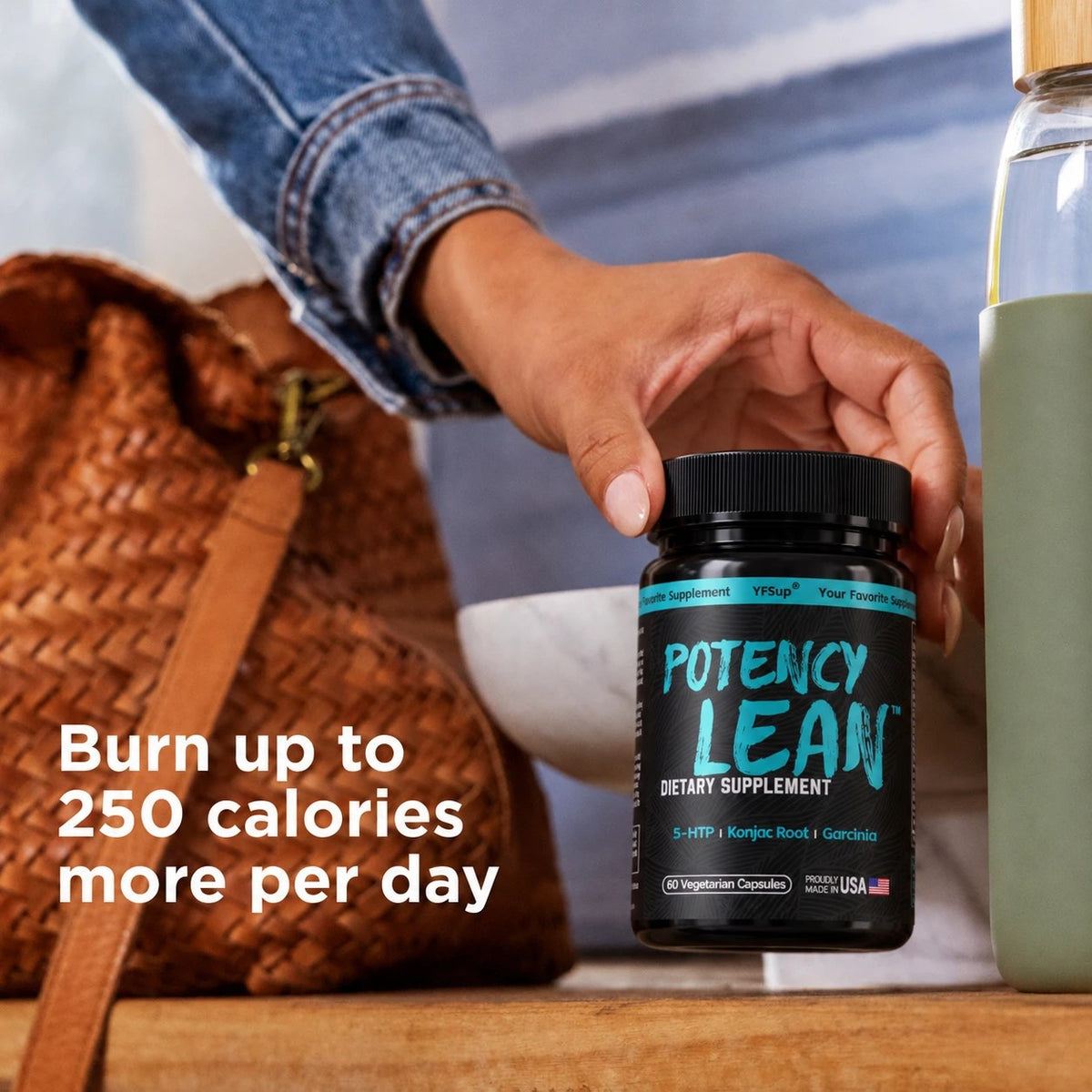 A hand placing Potency Lean next to a tote bag and water bottle
