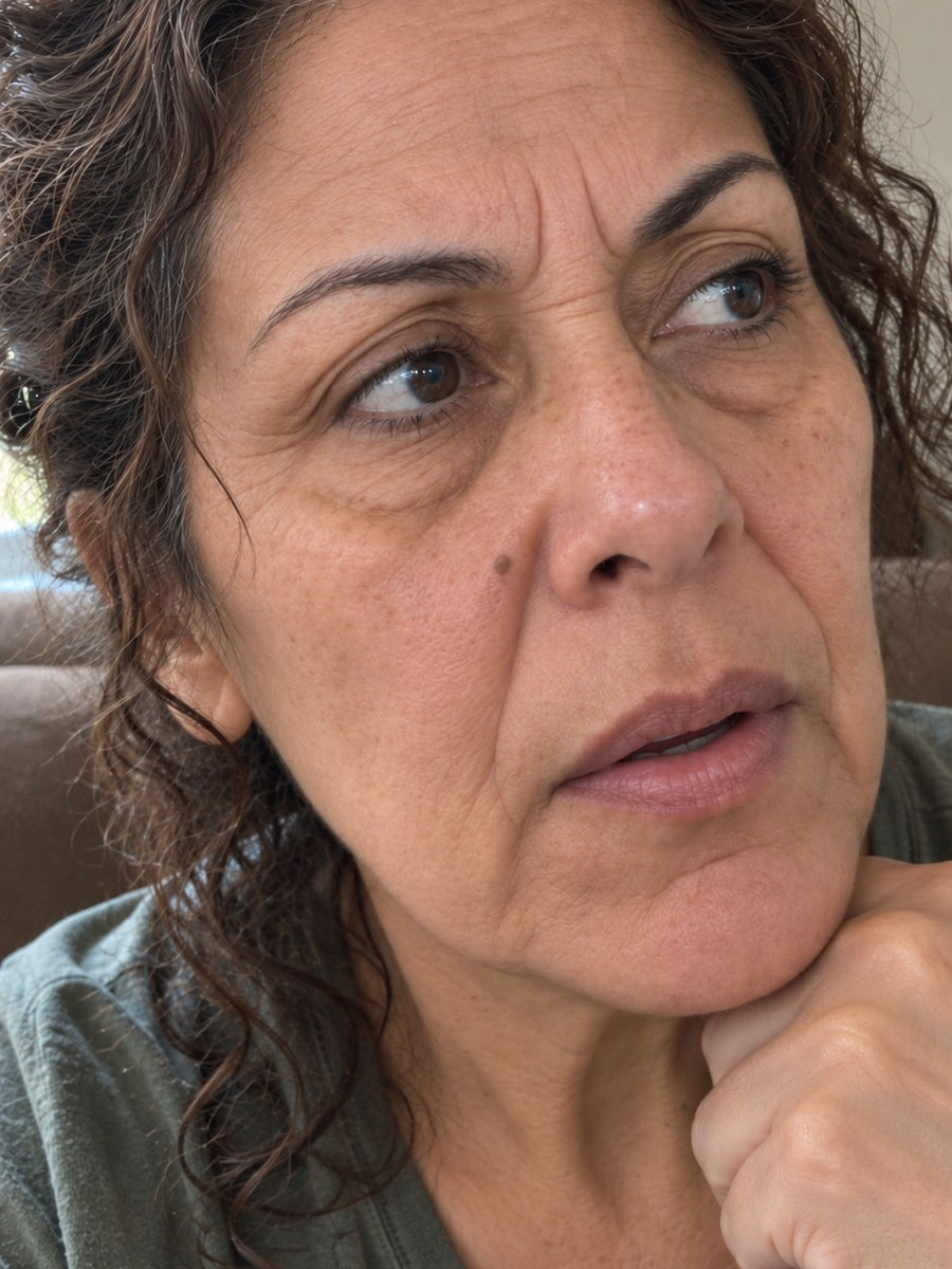 Close-up of a woman with deep lines across her forehead and around her mouth