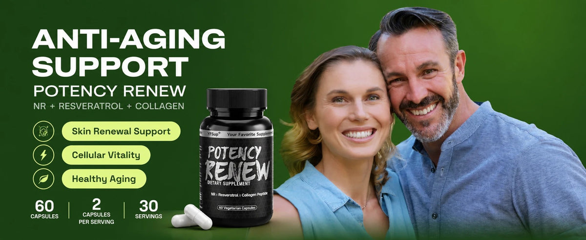 A smiling couple next to a bottle of Potency Renew on a green background