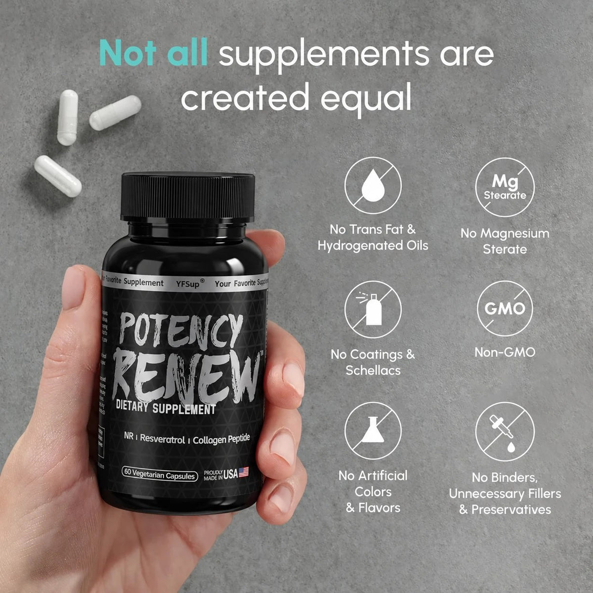 A hand holding Potency Renew next to six clean-label icons
