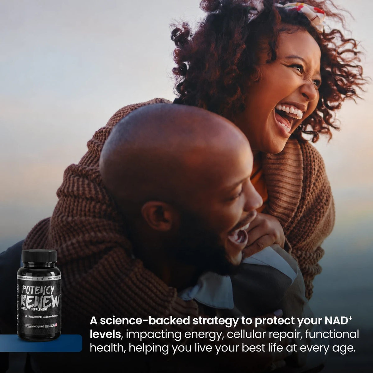 A laughing couple embracing outdoors at sunset, with a bottle of Potency Renew