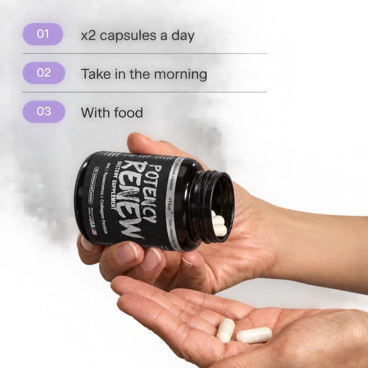 Two Renew capsules poured into a hand, with the steps two capsules a day, in the morning, with food