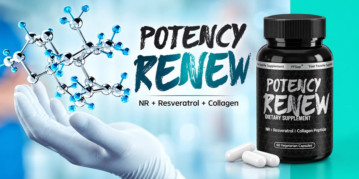 A bottle of Potency Renew next to a molecule model held above a gloved hand