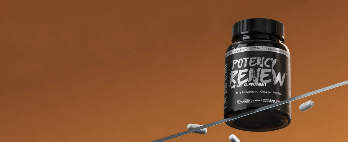 A bottle of Potency Renew balanced on a glass edge with white capsules falling