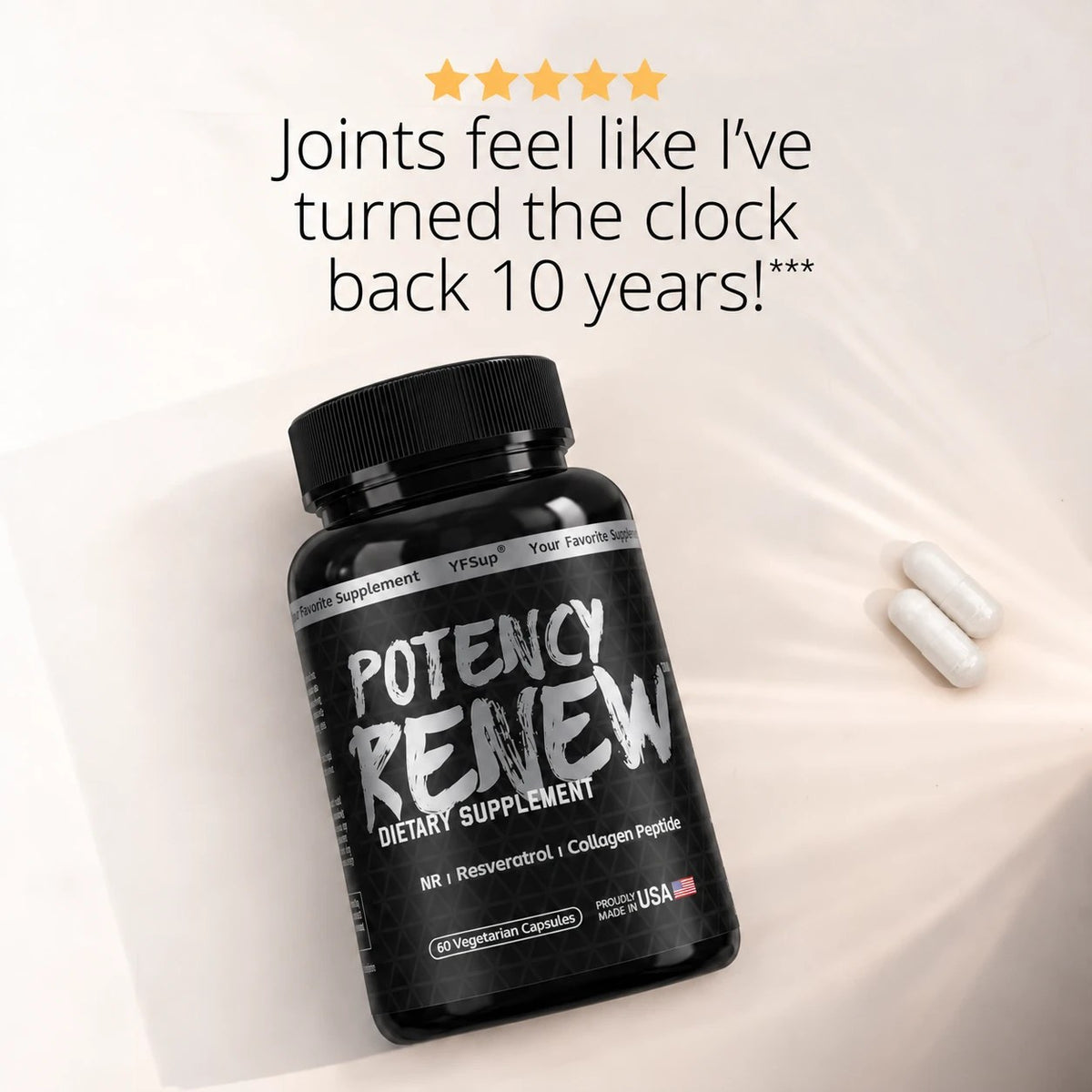 A customer quote above a bottle of Potency Renew and two white capsules