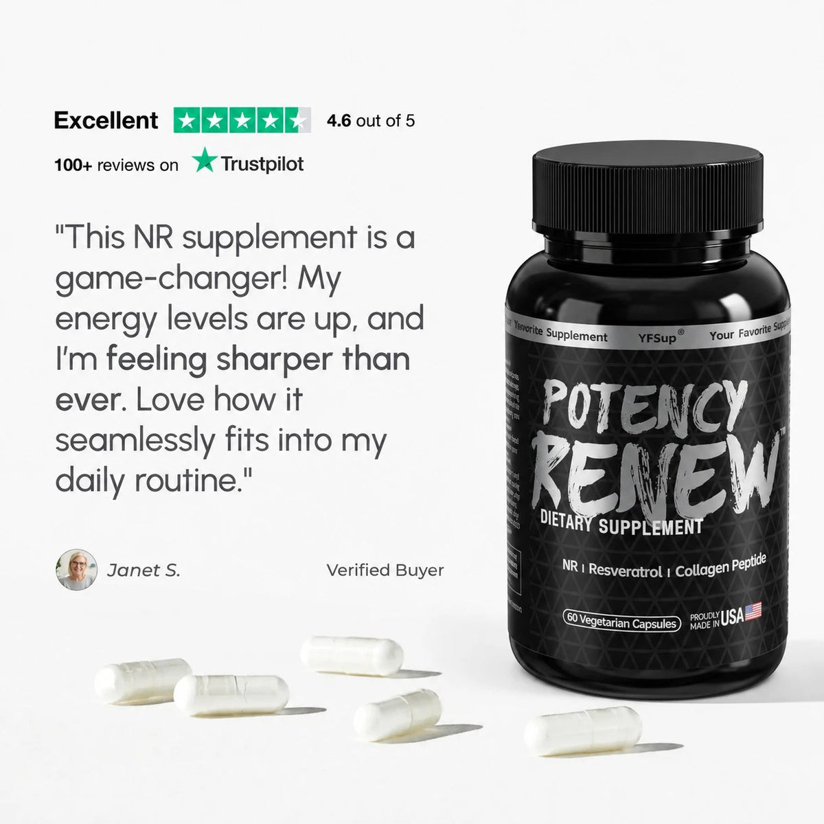 A verified buyer review of Potency Renew next to the bottle and capsules